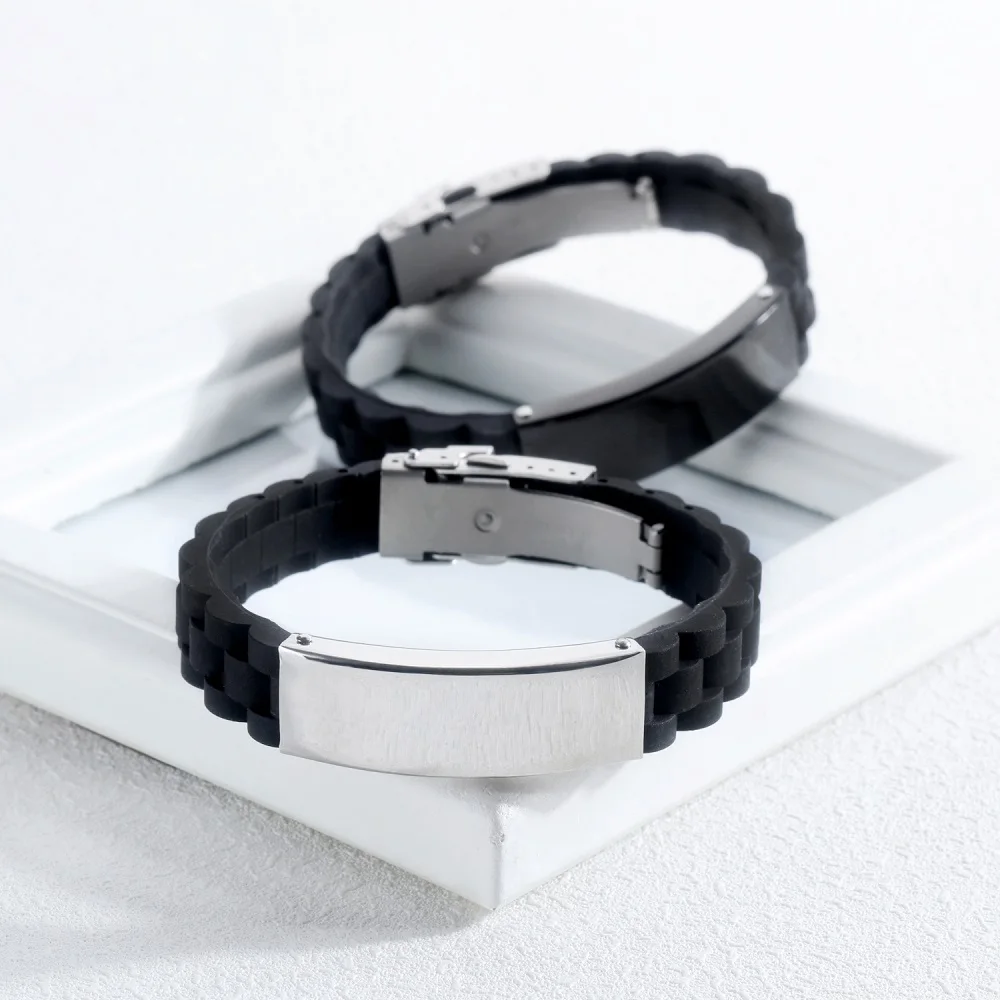 FATE LOVE Brand Fashion Jewelry Boy Men ID Bracelet Wristband Bangles Silicone + Stainless steel in Silver Black color