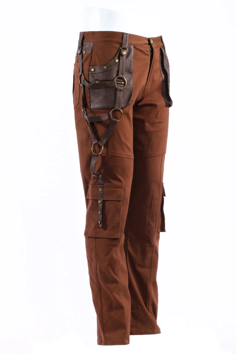 Стимпанк кофейного цвета мужские брюки Модные уличные Рок Панк кожаные брюки осень зима прямые брюки с карманами