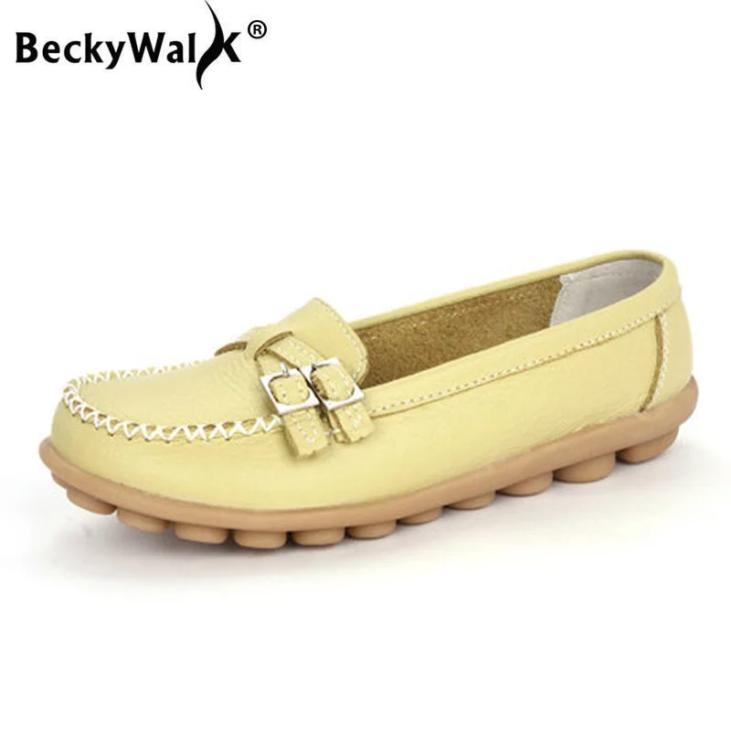 

BeckyWalk Candy Colors Genuine Leather Women Casual Shoes Fashion Belt Buckle Slip-on Flat Shoes Woman Plus Size 35-44 WSH2692