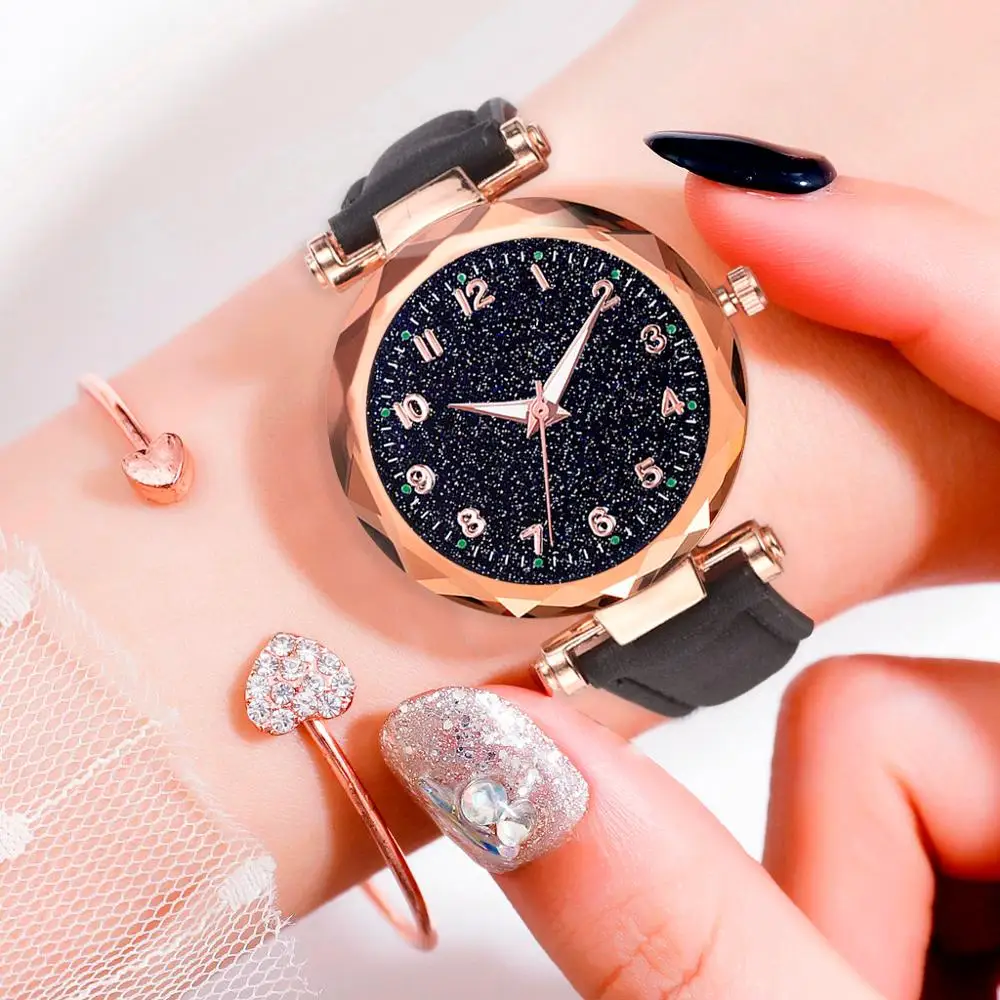 

Exquisite Luxury Women Watches Fashion Dress Ladies Watch Starry Sky Dial Leather Strap Quartz watch Clock Women montre homme