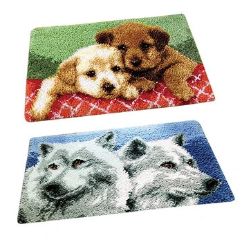 

2 Sets Latch Hook Rug Kits - Printed Wolf Dogs Pattern Pillows Cushion Making Package for Beginners Childrens Adults