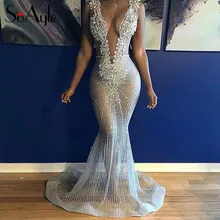 Вечернее платье, блестящее Серебряное платье русалки, сексуальное, с глубоким v-образным вырезом, с блестками, кружевное, Vestidos De Festa, женское платье в африканском стиле, цвет на заказ