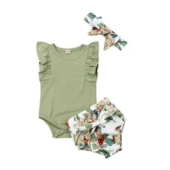

0-24M Cute Newborn Baby Girl Ruffles Sleeve Cotton Bodysuit Tops Floral Bow Bloomers Shorts Headband 3PCS Summer Clothes Set