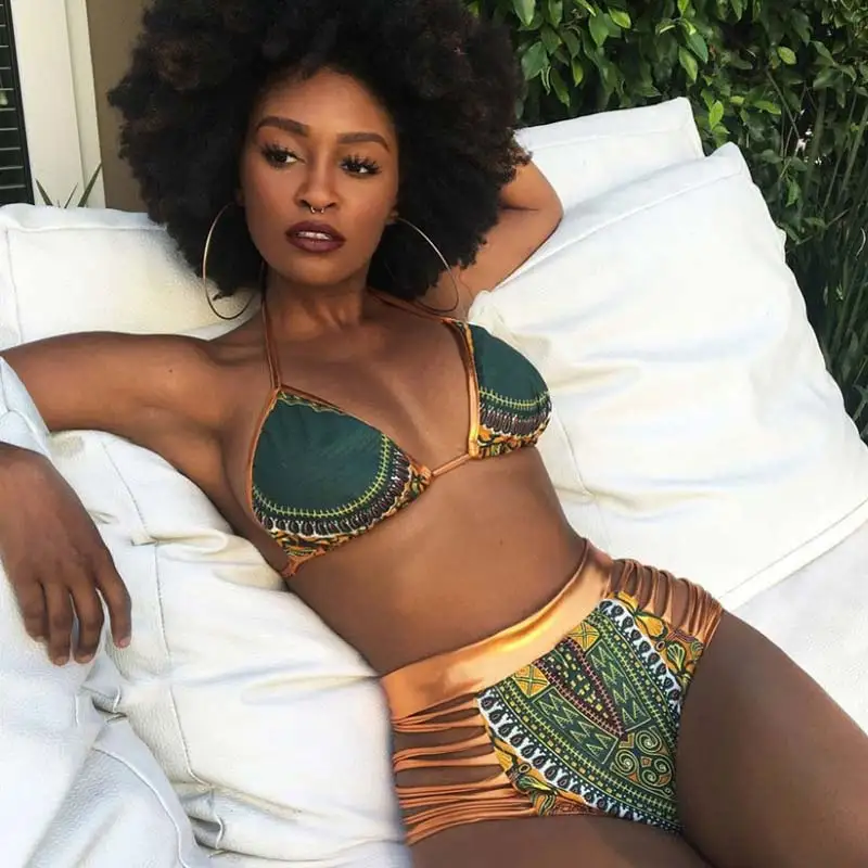 

2018 New African Print Two-Pieces Bath Suits Bikini Set Sexy Geometric Swimwear Swimsuit Gold High Waist Swimming Suit