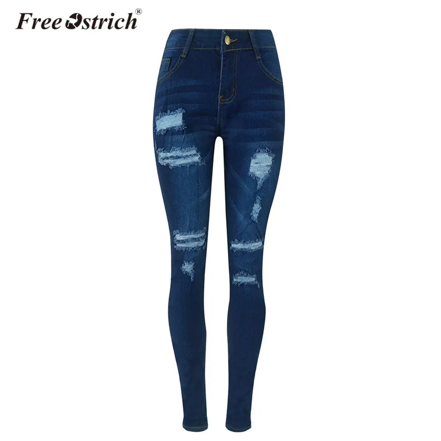 Free Ostrich Dark Blue Jeans Women Holes Scratched Ripped Pockets High Waist Pants Softener Pencil jeans mujer D20