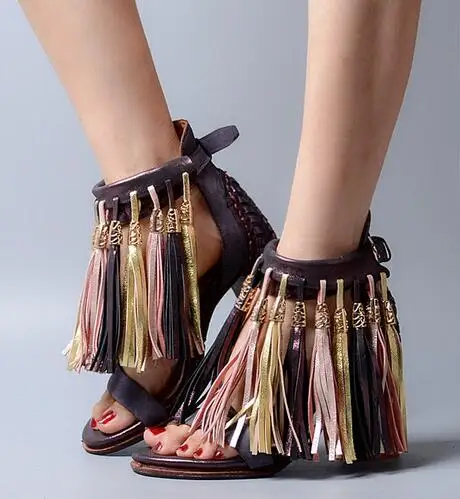 Handmade Tassels Women Sandals Summer Chunky High Heels Real Leather Gladiator Sandal Fringed Women Pumps Sandalias Mujer