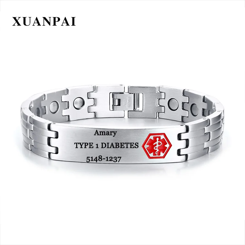 

Free Engraving Customized Medical Alert Men Bracelets bangle Silver 316 Stainless Steel Personalized Text Remind Male Gifts