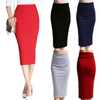 

Autumn Winter Women Pencil Skirt High Waist Cotton Solid Color Stretch Elastic Slim Business OL Split Bodycon Skirts FS9