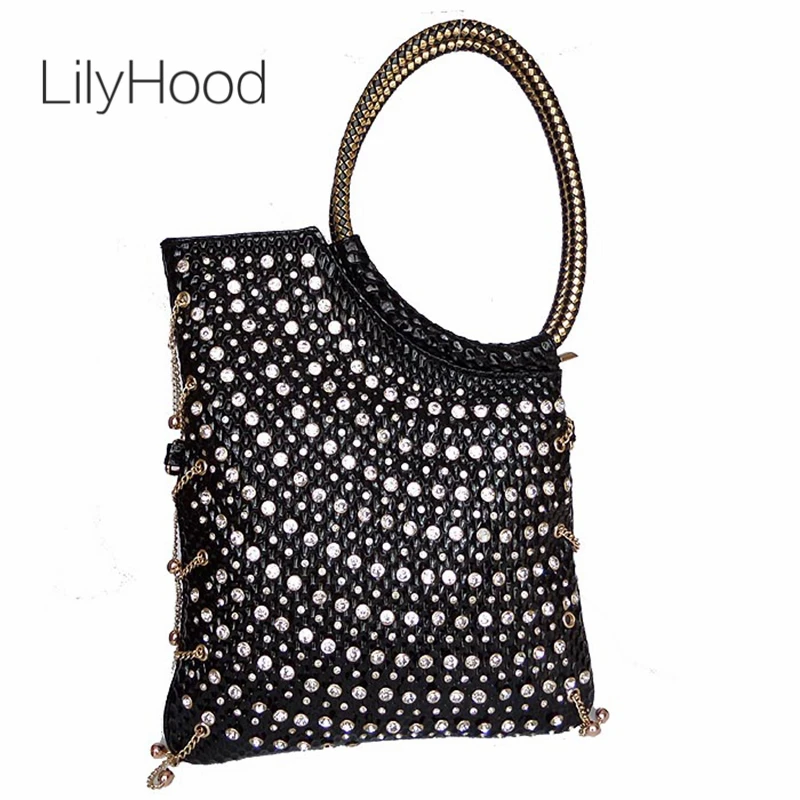 أنيق حجر الراين برشام الأعلى مقبض حقيبة المرأة مصمم الجانب البيضاوي مقابض المعادن هامش حقيبة ساعي الإناث الماس مضيء حقيبة