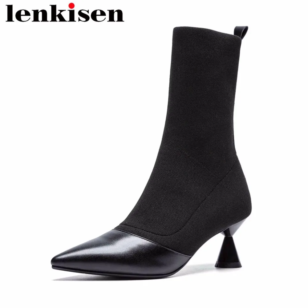 

Lenkise rome patchwork pointed toe mid-calf boots strange high heels genuine leather fashion woman autumn knitting boots L01