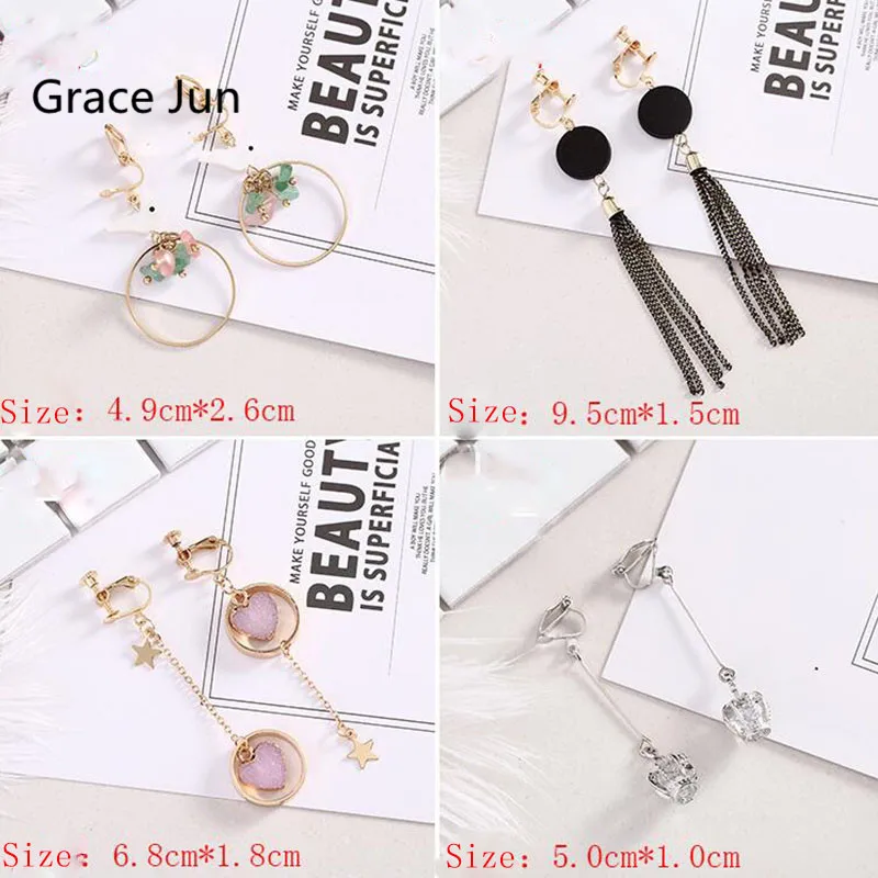 

16 Color Available Heart Bowknot Long Tassel Clip on Earrings Without Piercing for Women Charm Jewelry Cuff Earrings Not Allergy