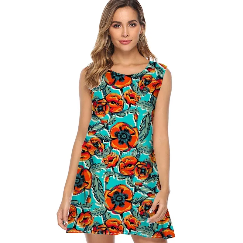 

2019 Summer Women Dresses Poppies Orange and Aqua Print Sexy Mini Dress Women Beach Loose Sleeveless Mini Dress Vestidos