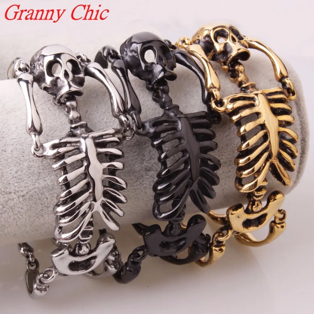 Pulsera de huesos de calavera grande, joyería gótica, plata, oro