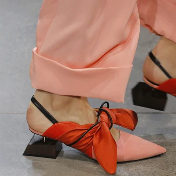 

Butterfly-knot Pumps Fashion Runway Shoes Sexy Pointed Toe Fashion Party Shoes Patchwork Genuine Leather Slingbacks Lady Shoes