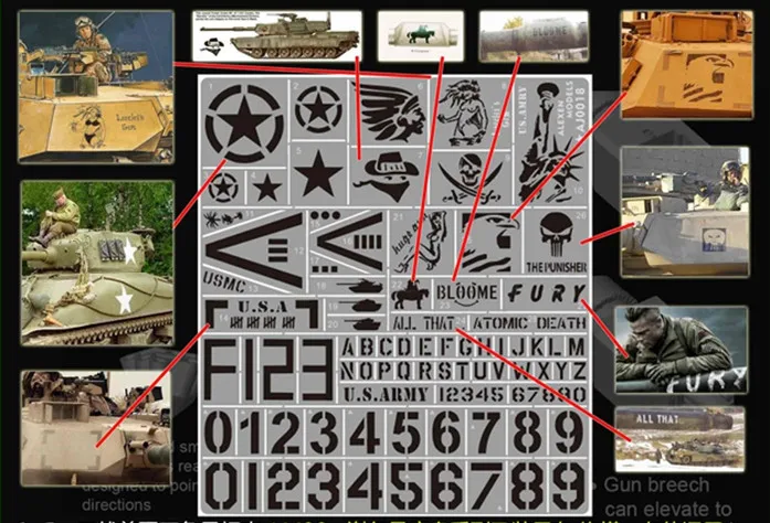 1/35 Scale US Tank Armed Vehicle General Use Stainless Steel Stenciling Template Leakage Spray Plate Model Building Tools AJ0018