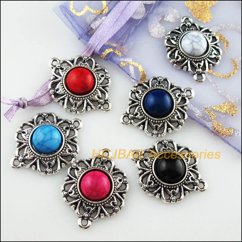 

6Pcs Tibetan Silver Flower Mixed Stone Charms Pendant Connectors 21.5x28mm