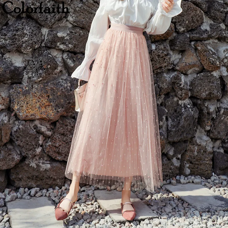 Colorfaith 2019 Frauen Casual Mesh Ausgestelltes Perlen Lange Tutu Rock Frühling Sommer Gefaltete Süße Ballkleid Hohe Taille Weibliche SK7109
