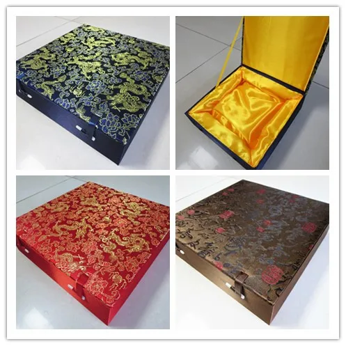 

High End Soft Square Collection Dish Plate Box Chinese Wood Box Packaging Silk Fabric Large Storage Decoration Box Multi size