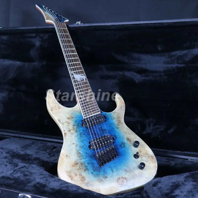 

7 strings Top Quality Custom Shop Electic Guitar X1-4 Burl Top Stain Finish Fanned Frets ASH Body Strings Thru Body