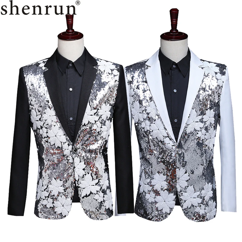 

Shenrun Men Sparkly Sequins Jacket Black White Fashion Slim Fit Blazers Groom Prom Party Singer Host Stage Performance Costume