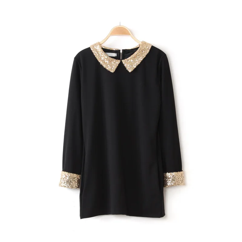 

2018 New Women Fashion Lapel sequins Mini Dresses Elegant Casual Loose Ladies Long Sleeve Shift Dress
