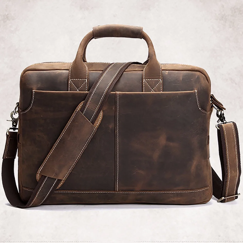 Genuine Leather Crazy Horse Cowhide Computer Tote Handbag Famous Brand Briefcase Messenger Bags Men Business Sling Shoulder Bag