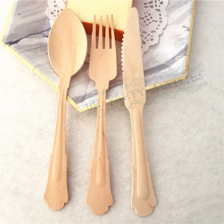 150pcs Disposable Birch Wood Cutlery Set Flatware Set Wooden Spoon Fork