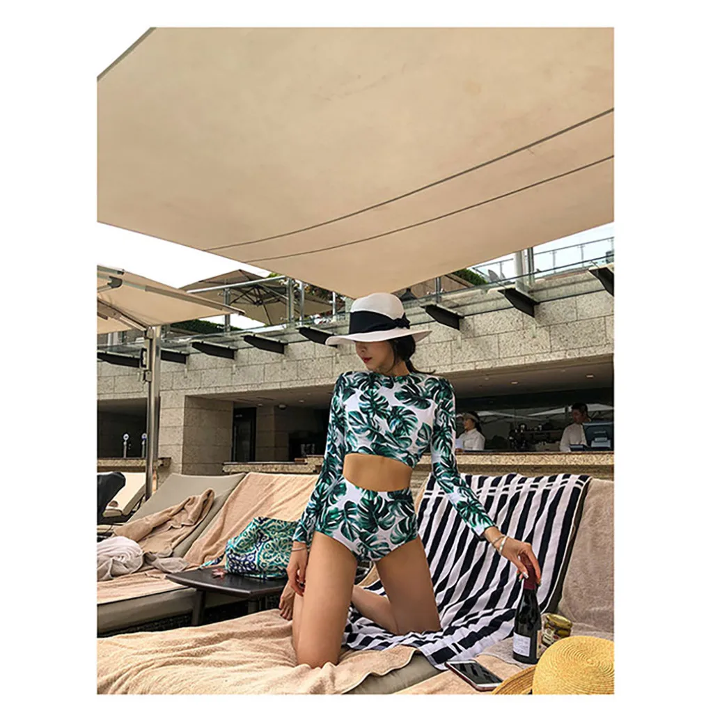 

New Women Long Sleeve Rash guards Crop Top+Shorts Set Surfing Swimsuit Bathing Suit Two Pieces Clothing Leaves Diving Wetsuits
