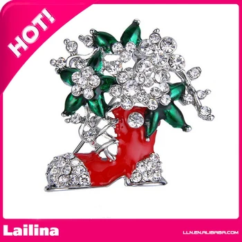 

Silver-Tone Austrian Crystal Santa Red Boot Green Hibiscus Flower Brooch Pin Clear