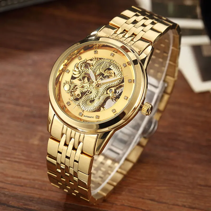 Механические Мужские часы со скелетом, золотые, автоматические, с 3D резным драконом, стальные, механические наручные часы, Китай, Роскошные, Топ бренд, самовзводные