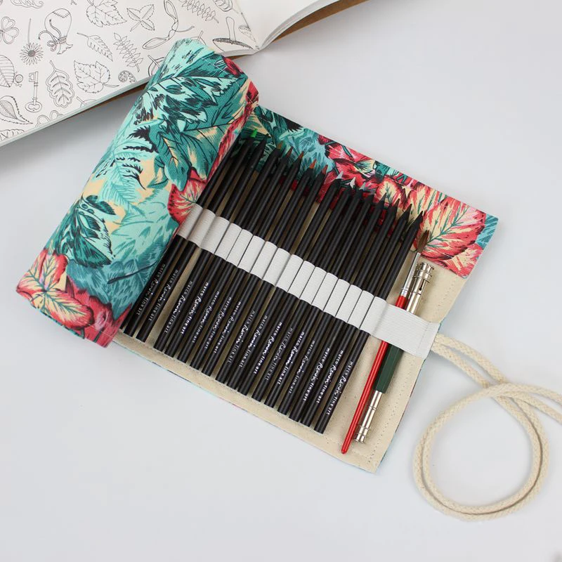 

Art Maple Leaves Canvas School Pencil Case 36/48/72 Holes Roll Pencilcase Large Pen Storage Bag Roll Pouch Makeup School Supply