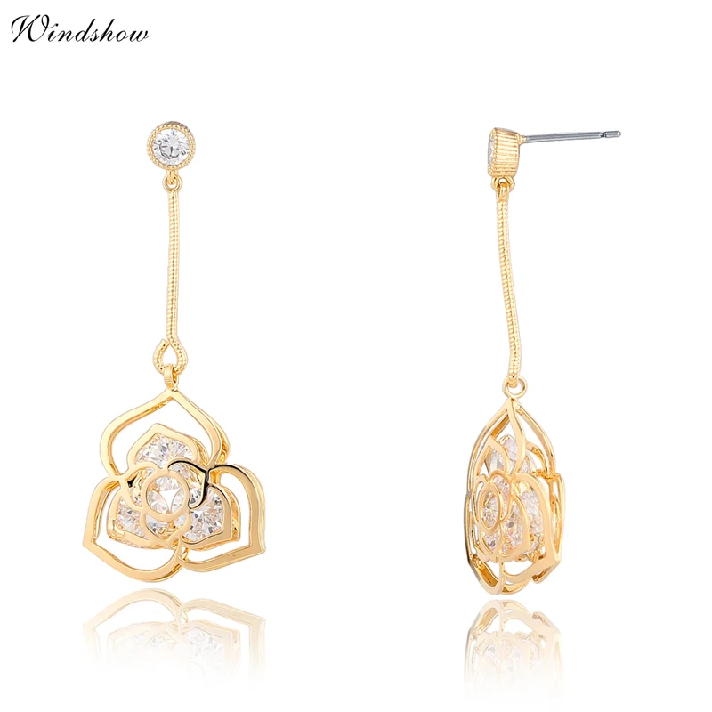 

Fashion 18K Gold Plated Filled CZ Diamond Rose Pierced Drop Dangel Earrings For Women Girls Jewelry Gift