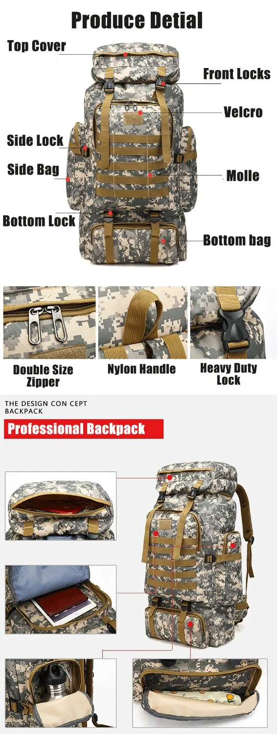 80L Waterproof Climbing Hiking Military Tactical Backpack Bag Camping Mountaineering Outdoor Sport Molle 3P Bag