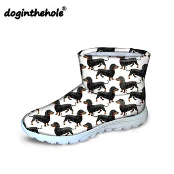 

doginthehole Winter Boots Women Doxie Dog Printing Ankle Boots Ladies Dachshund Dog Pattern Slip-on Snow Boots Females Flats