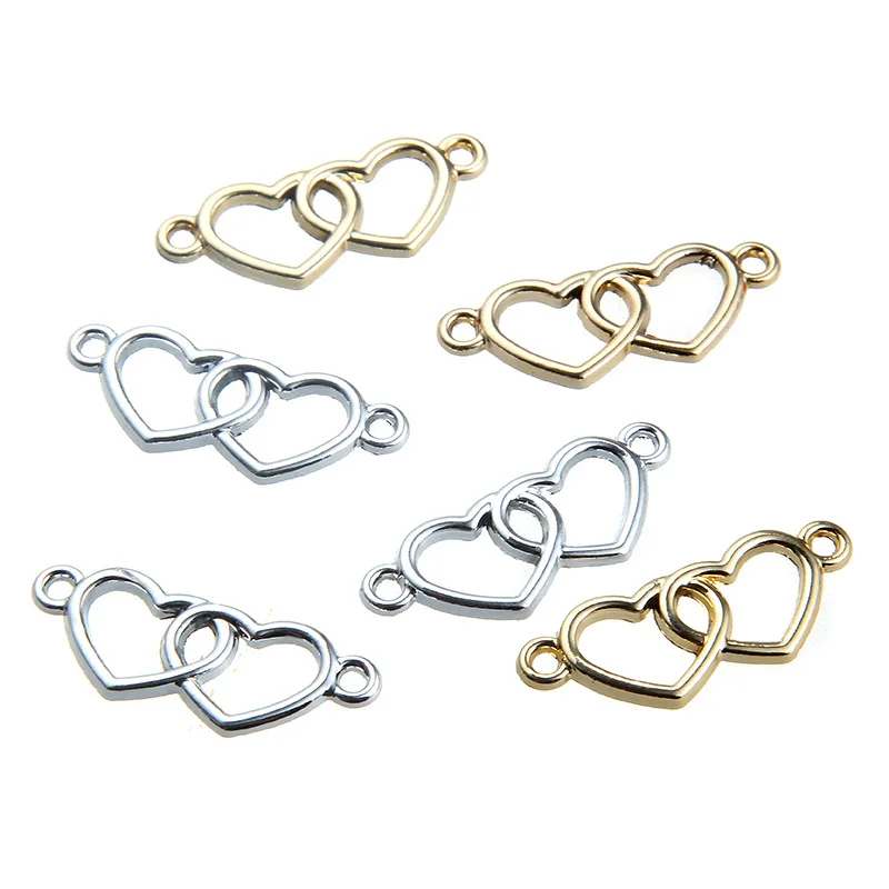 20pcs/lot 24x10mm Gold Silver Color Double Love Heart Charm Connectors