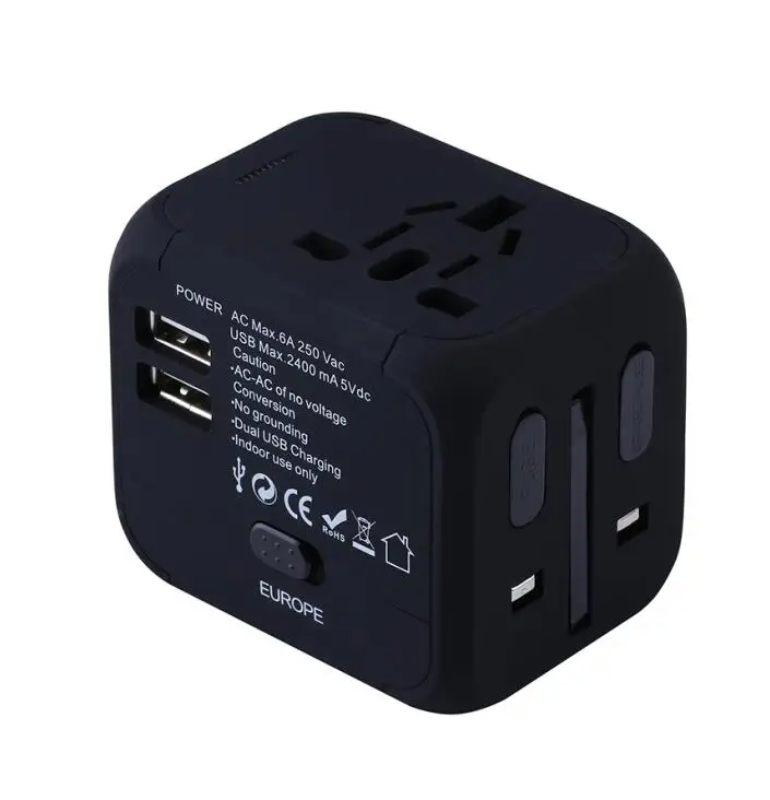 Универсальный адаптер путешествия Электрический Вилки Розетки конвертер США/AU/UK/EU с двойной зарядка через USB 2.4A LED мощность индикатор - Цвет: Black