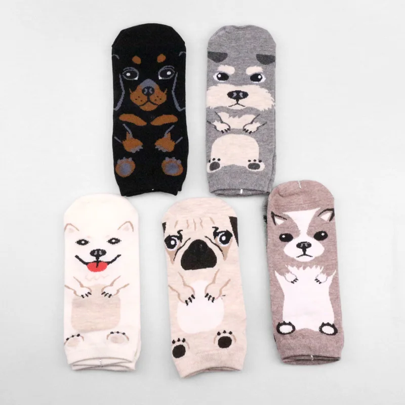 5 Pairs Female Breathable Happy Women Boat Cartoon Animal Pug Dog Girl Boat Socks Cotton Short Socks Funny No Show Sock Slippers