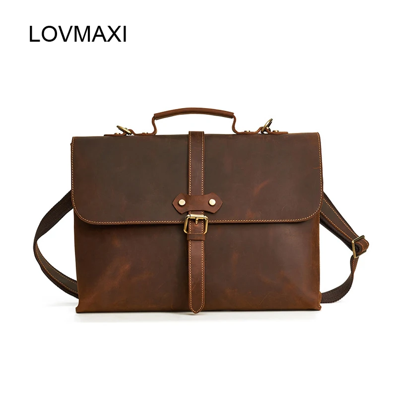 

New natural cow Leather Men Briefcases Crazy Horse Leather laptop Shoulder Bags Male Business Messenger Bags Man handbags