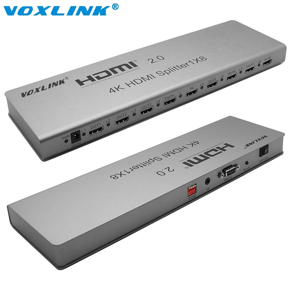 VOXLINK 4K 8Port HDMI 2.0 splitter 1 In 8 Out HDMI Switcher Splitter Support HDCP2.2,IR extension EDID mangement 3D For PS3 DVD