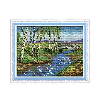 

11CT 14CT printed cloth cross stitch suit, bridges birch forest beautiful countryside landscape embroidery decorative gifts