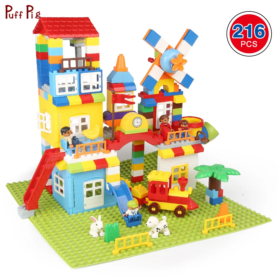 

216pcs DIY Train Station Windmill Castle House Big Size Building Blocks Mini Animal Figures Compatible Legoings Duploe Toys Kids