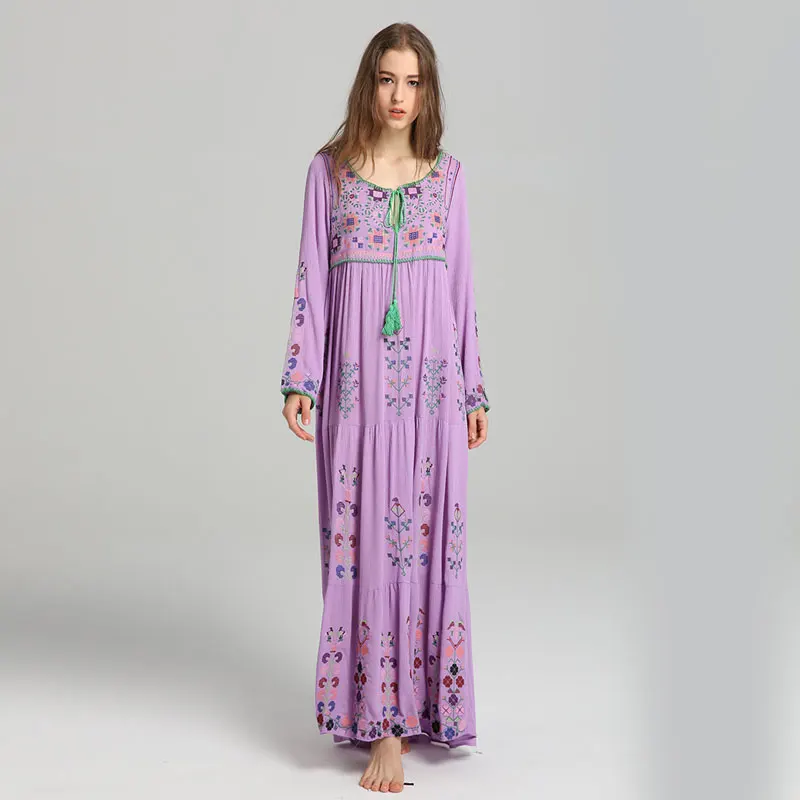 Новое летнее богемное туристическое праздничное пляжное платье, этническое Ретро Свободное длинное платье с v-образным вырезом и вышивкой - Цвет: Purple
