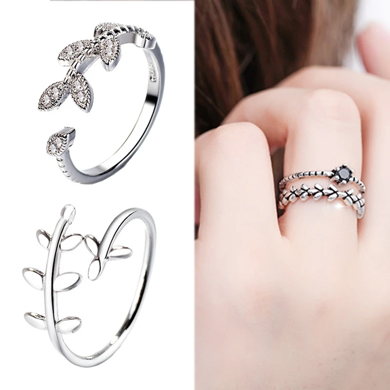 2018 New Arrival 1PC Open Silver Unique Men Party High Quality Adjustable Gifts Women Crystal Ring Leaf Graceful Obsidian