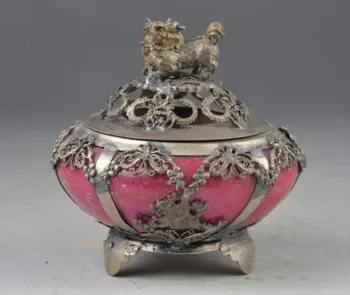 

Exquisite Chinese Artificial Red Jade Inlaid with Tibetan Silver Dragon Butterfly Incense Burner Kirin Lid