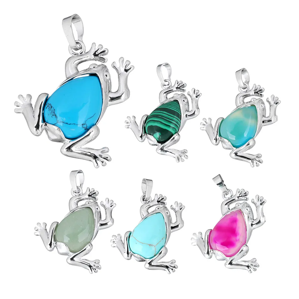 

YYW Silver-color Cute Animal Frog Charm Pendants Jewelry Natural Opal Quartz Malachite Agata Rhodonite Aventurine Stone Pendant