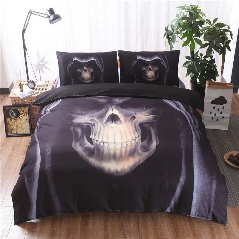 3D Black Skull Print Duvet Cover Set 3pcs Double Queen ...