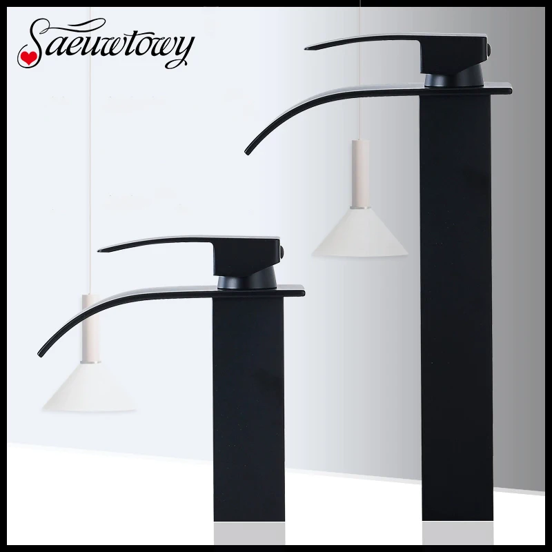 

Waterfall Black Higher Basin Wash Basin Bathroom Cabinet Faucet Bathroom Nordic Black Paint Single Hole Faucet