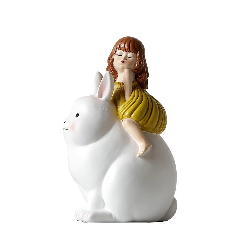 

Europe Style Rabbit And Girl Resin Craft Figurine Cartoon Sweet Girl Miniatures Model Garden Wedding Home Decoration Accessories