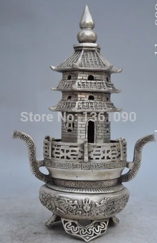 

xd 001085 Chinese Buddism silver copper Tower stupa incense burner Censer Buddha statue