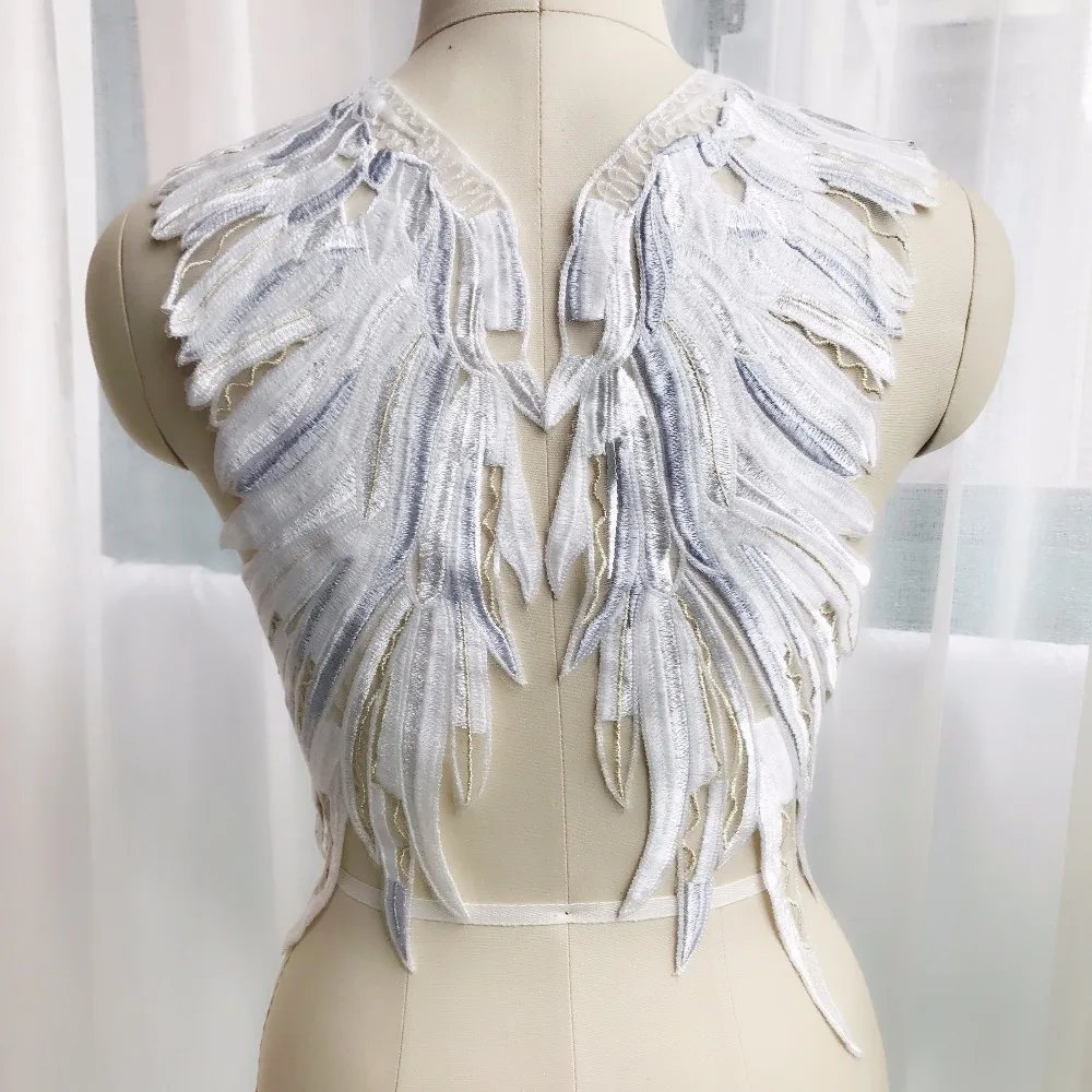 Embroidered Feather wings lace applique patch for wedding evening dress garment sew on patches decorative accessories motif